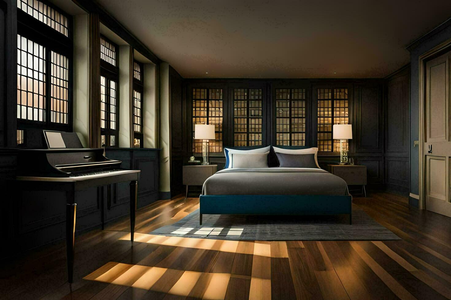 a bedroom with dark wood floors and a bed. AI-Generated photo