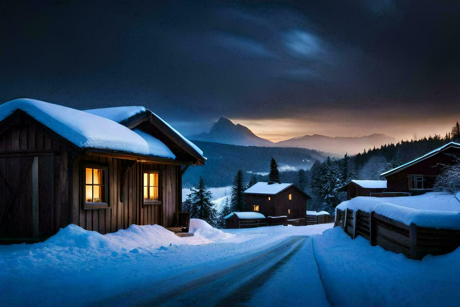 a cabin in the snow at night. AI-Generated photo