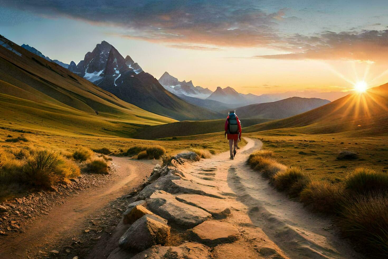 a man walks on a path in the mountains. AI-Generated photo