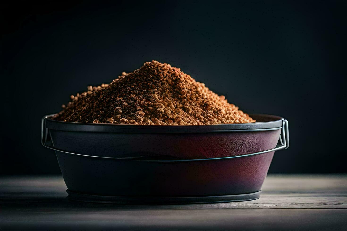 a bucket of brown sugar on a wooden table. AI-Generated photo