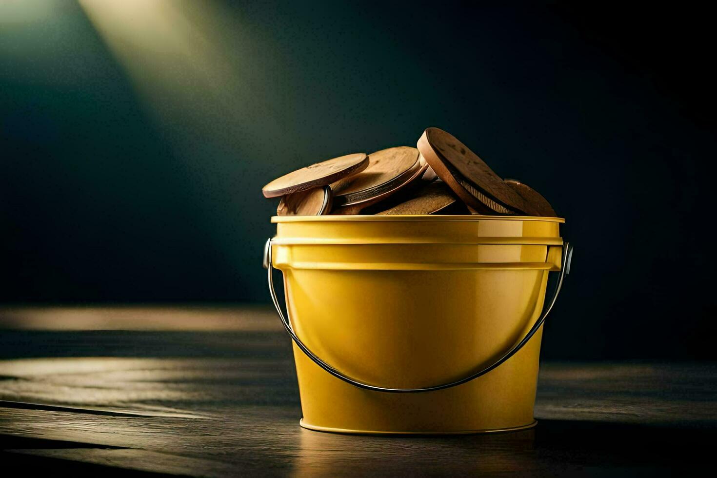 a bucket of coins on a table. AI-Generated photo