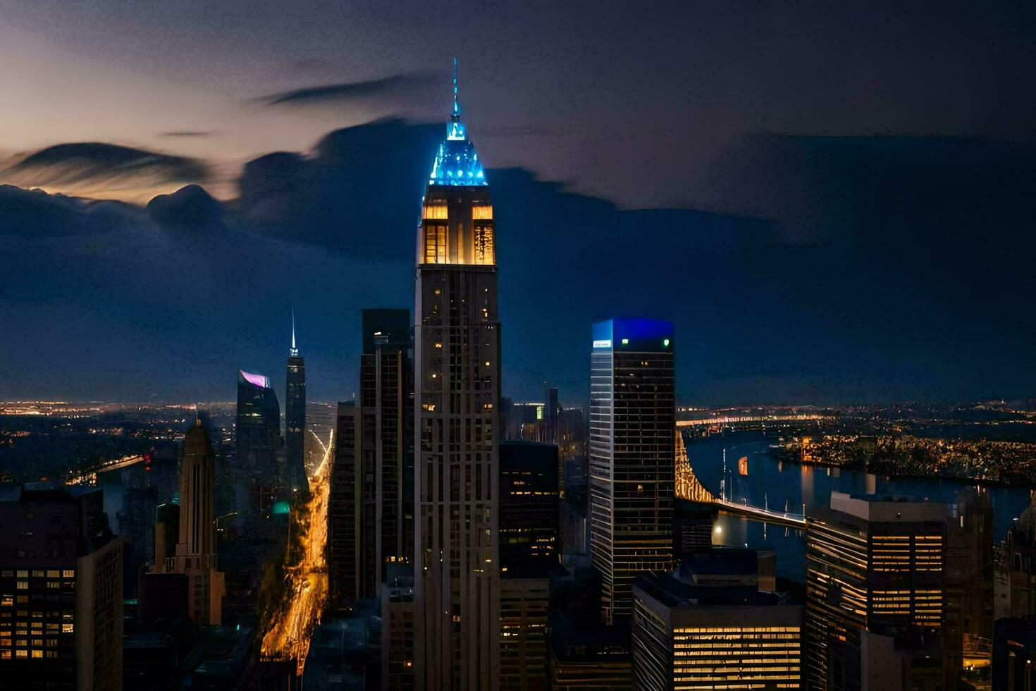 the empire state building is lit up in blue at night. AI-Generated photo