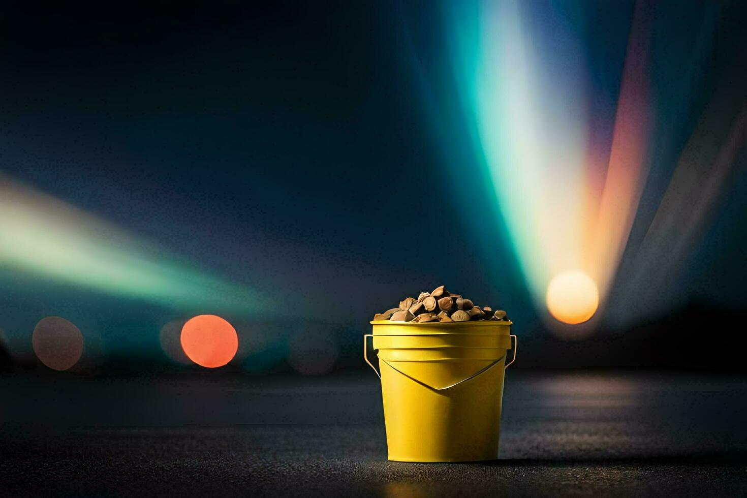a bucket of peanuts on a dark road. AI-Generated photo