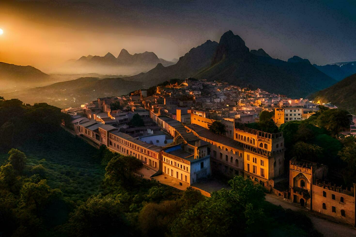 the sun sets over a town in italy. AI-Generated photo