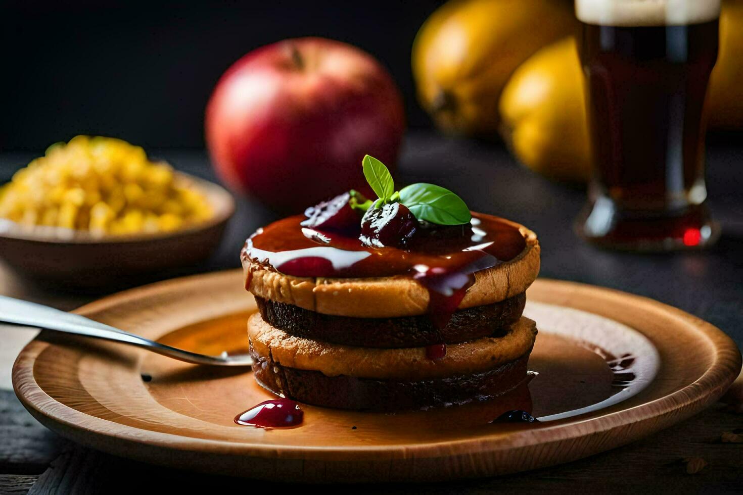 a stack of pancakes with syrup and apples. AI-Generated photo