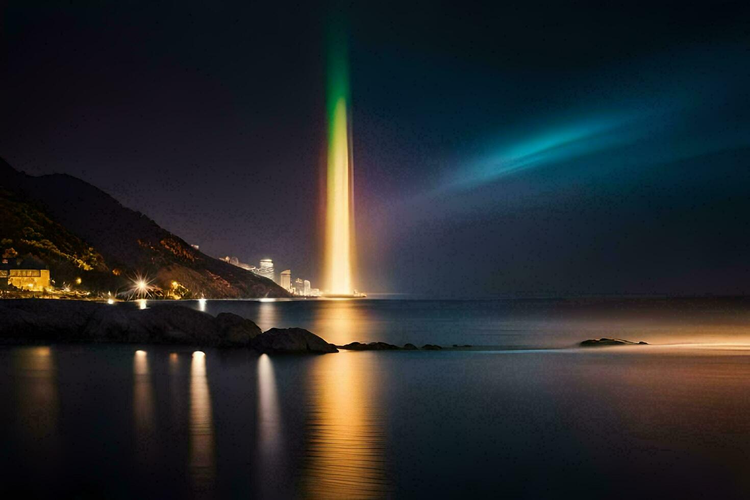 a rainbow light is shining over the ocean. AI-Generated photo