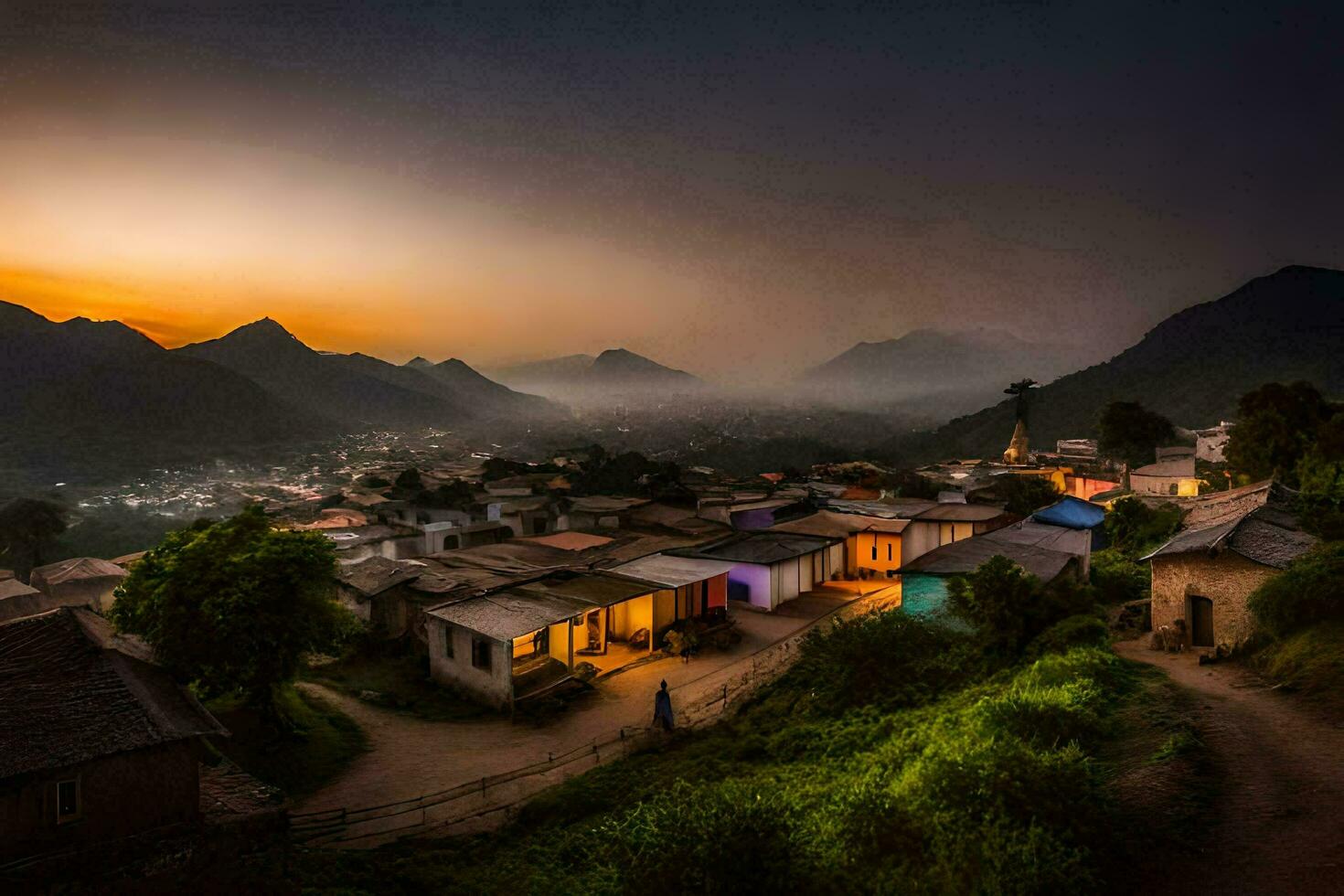 un pueblo a puesta de sol en el montañas. generado por ai foto