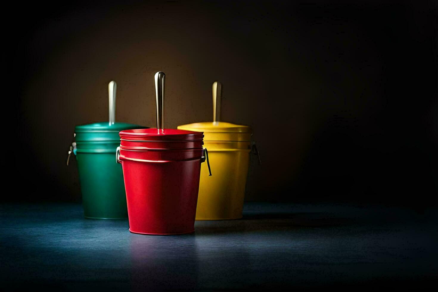 three colorful buckets with spoons on a dark background. AI-Generated photo