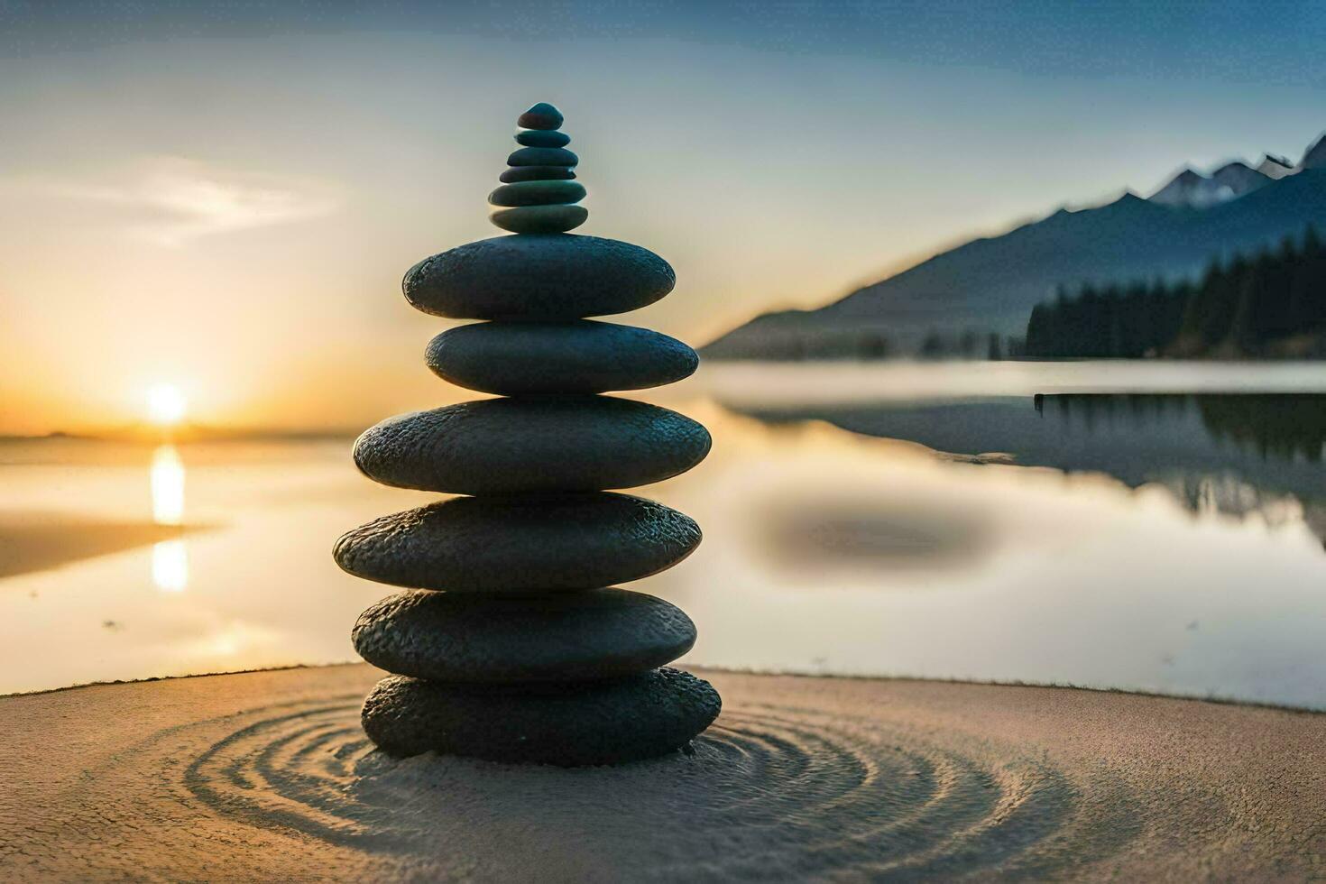 a stack of rocks on the beach at sunset. AI-Generated photo