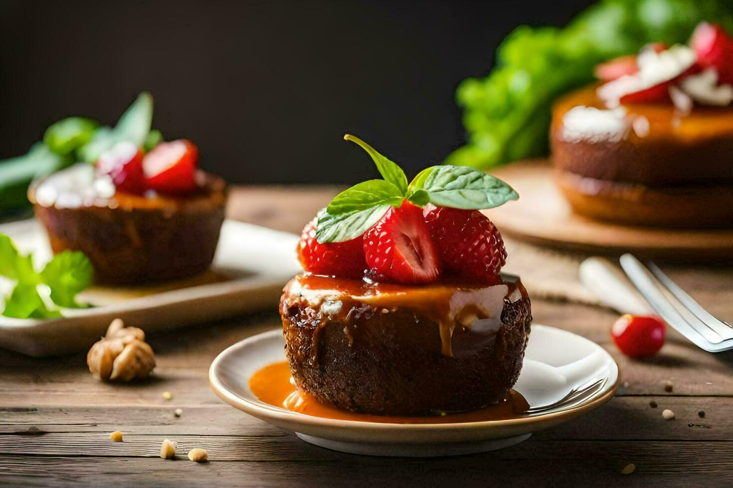 caramel sauce on a cake with strawberries. AI-Generated photo