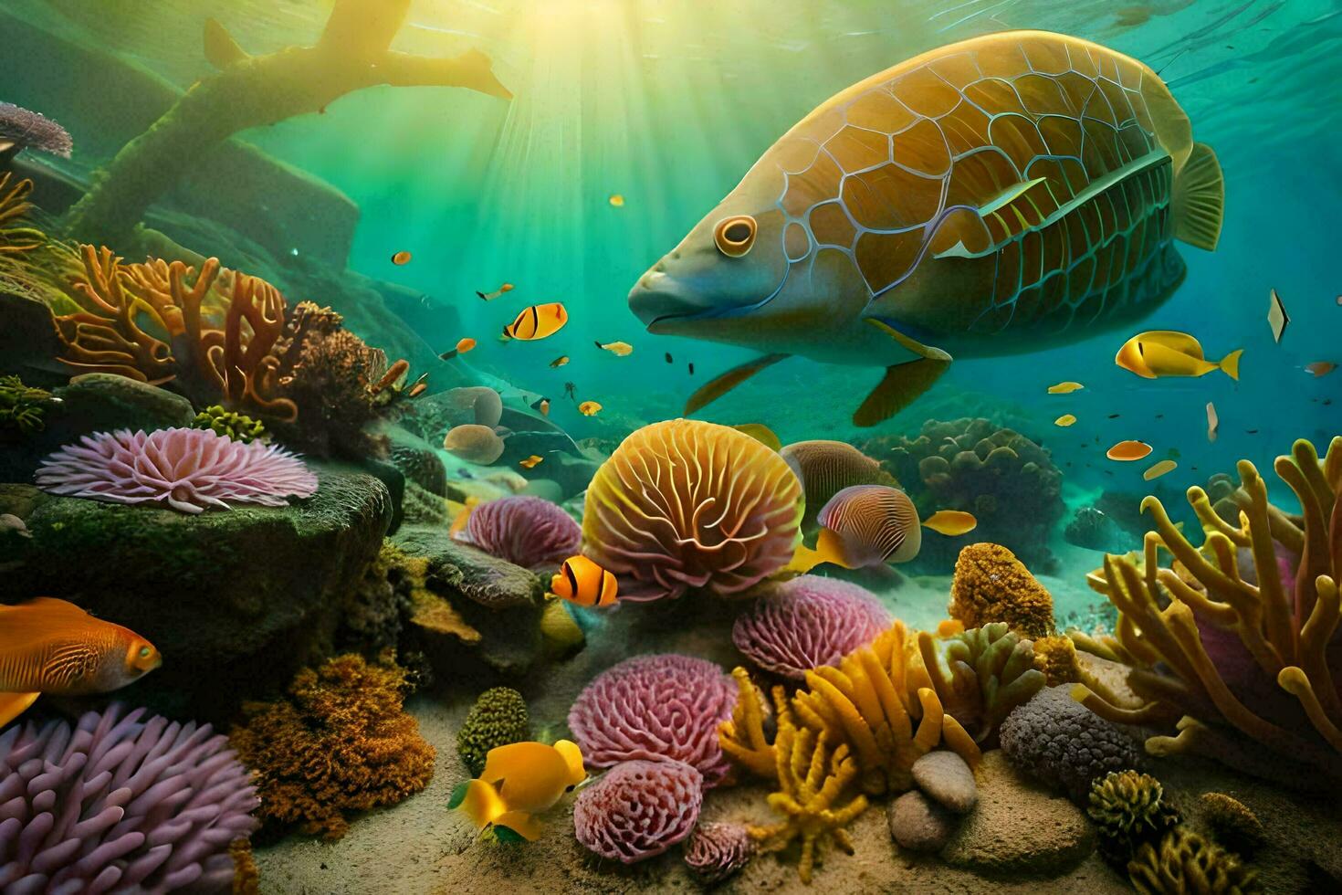 un submarino escena con pescado y corales generado por ai foto