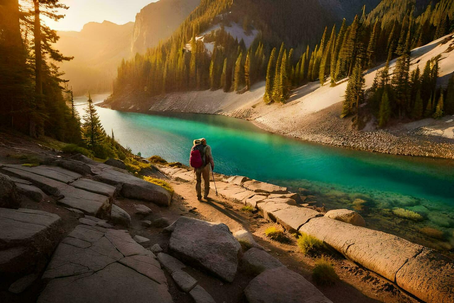 a person walks along the path to a lake in the mountains. AI-Generated photo