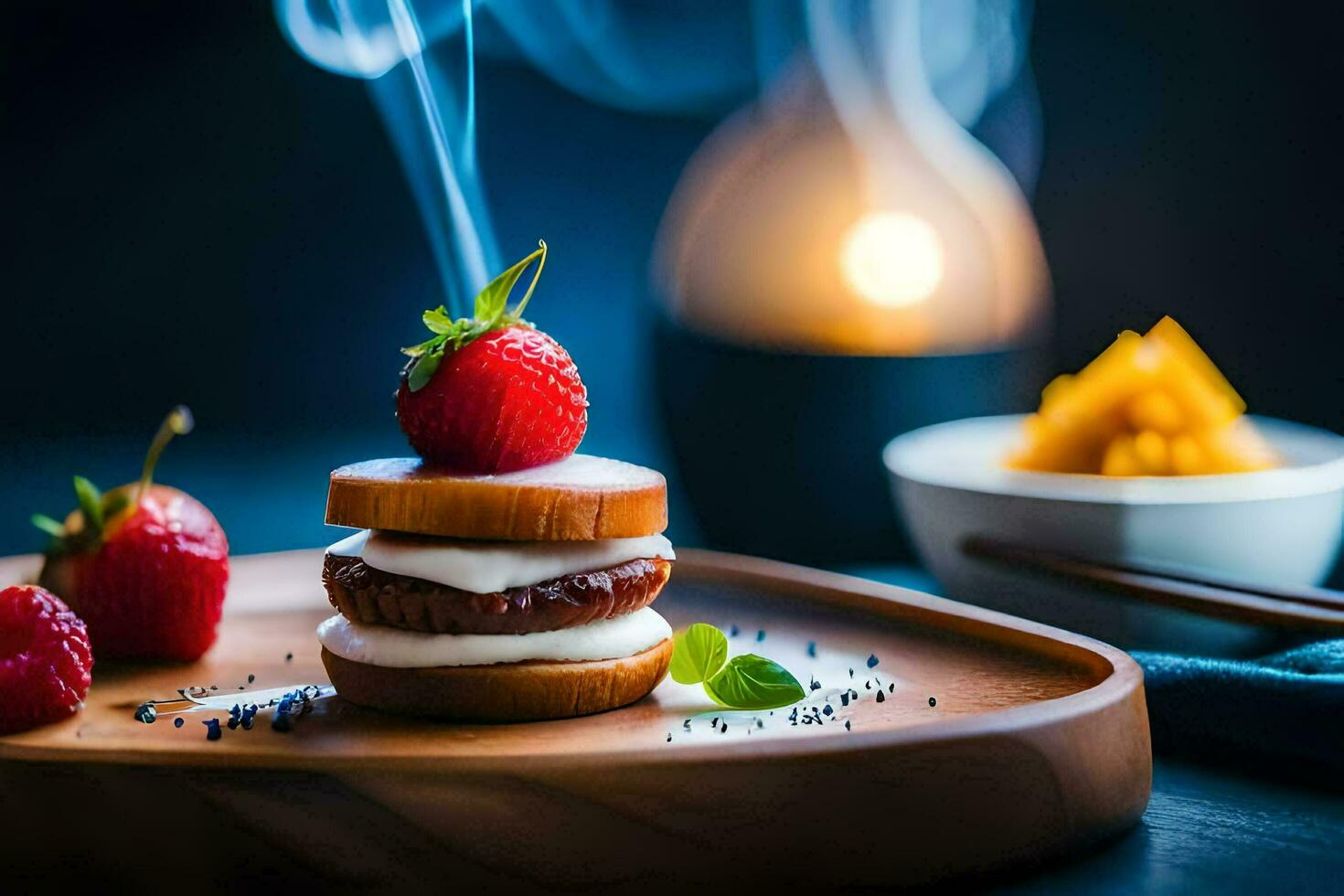 a plate with a strawberry and a sandwich on it. AI-Generated photo