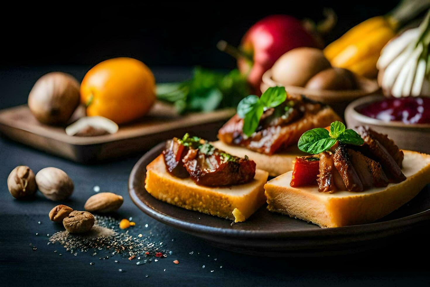 food on a plate with bread, nuts and other ingredients. AI-Generated photo