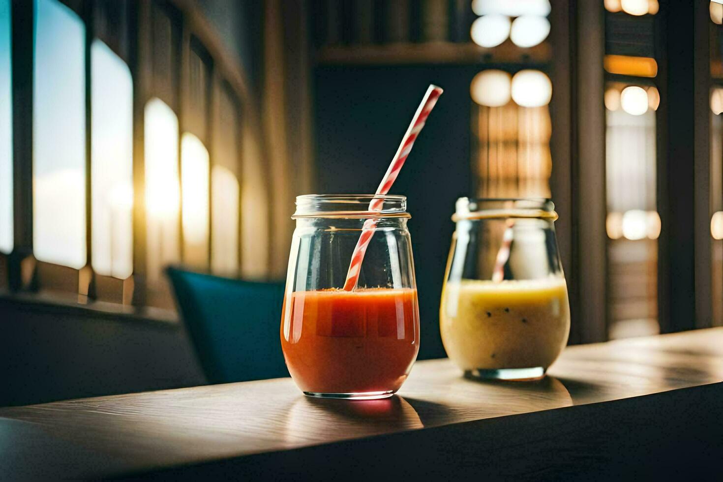 two glasses of juice on a wooden table. AI-Generated photo