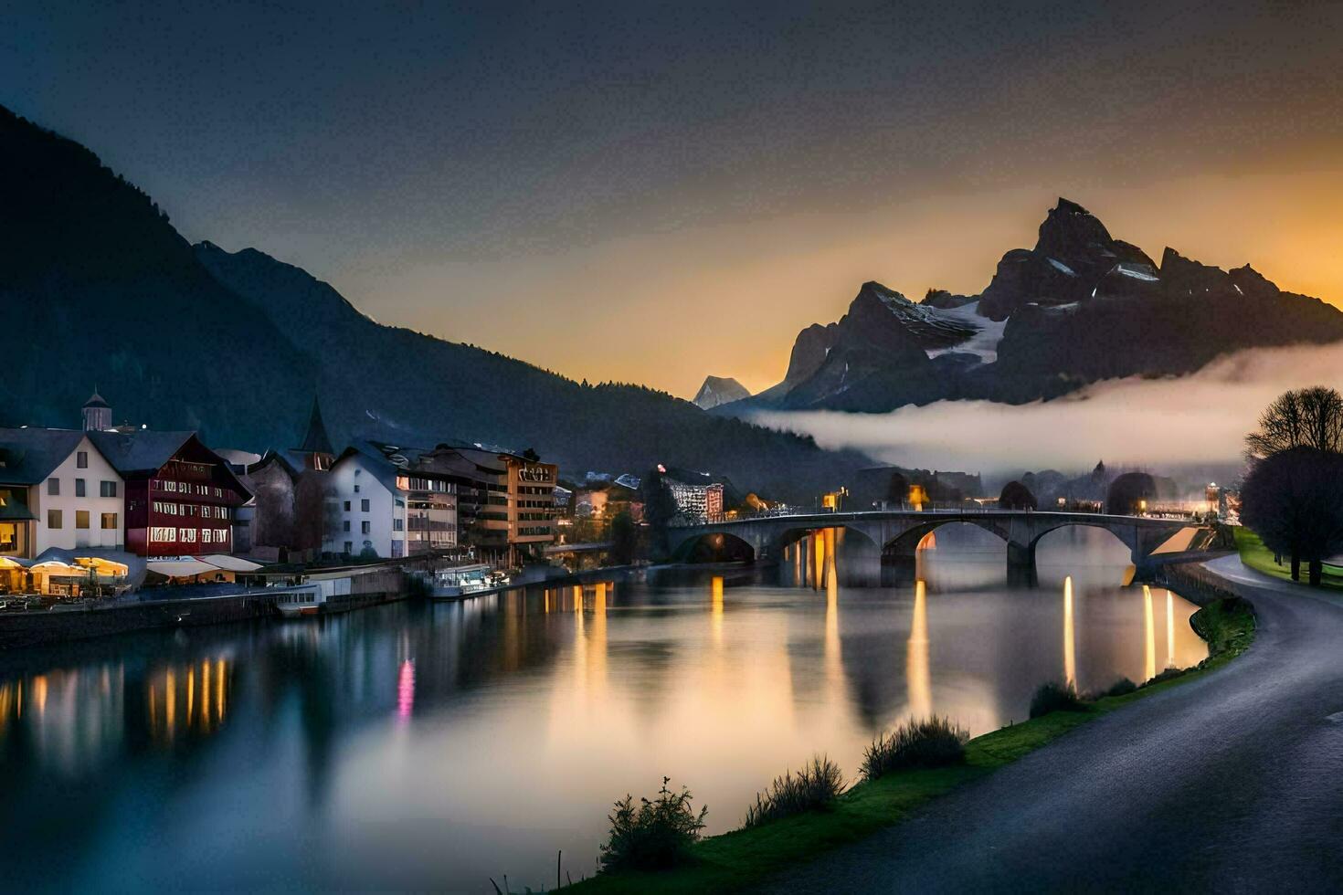 photo wallpaper the sky, mountains, river, town, bridge, sunset, mountains, river,. AI-Generated