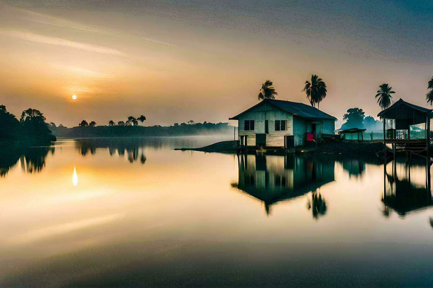 a house on the water at sunrise. AI-Generated photo