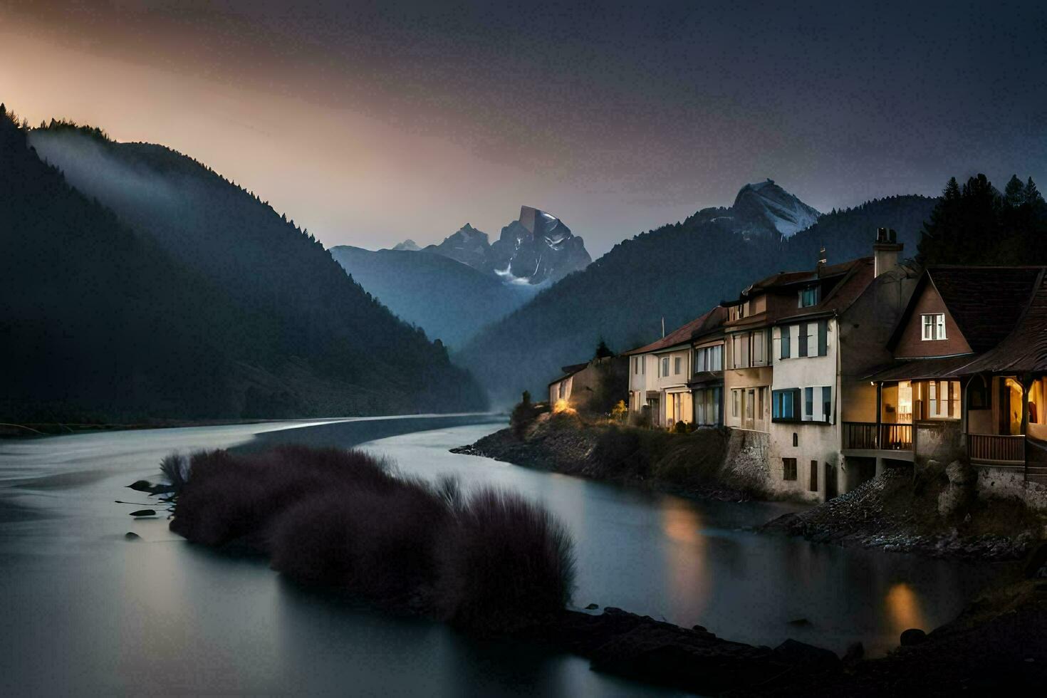 foto fondo de pantalla el cielo, montañas, río, casas, el noche, el montañas, el río. generado por ai