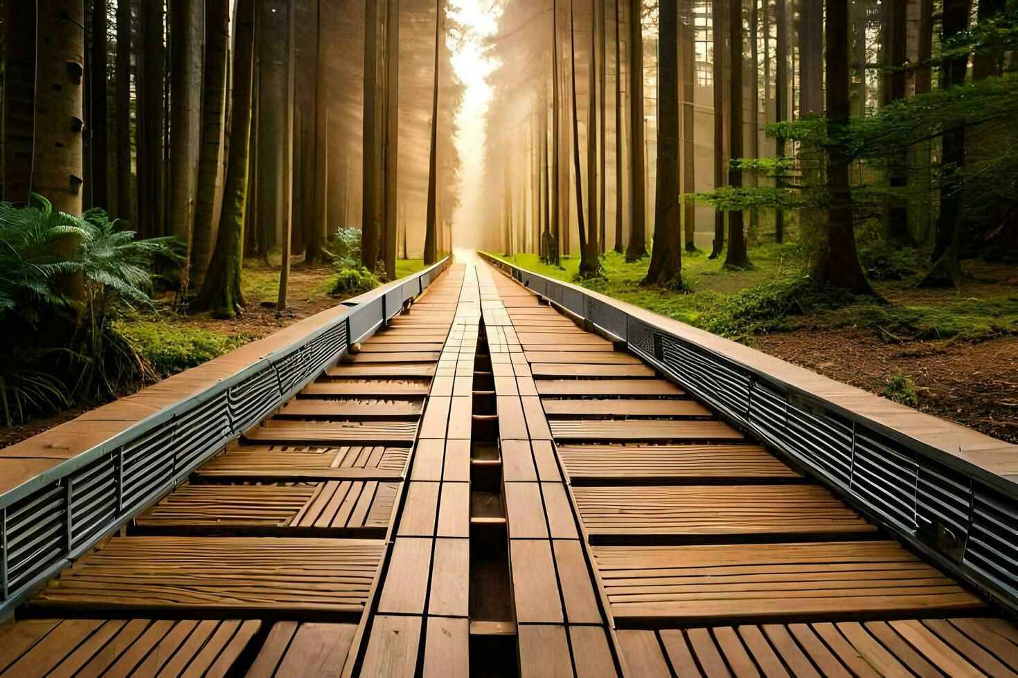 a wooden walkway in the middle of a forest. AI-Generated photo