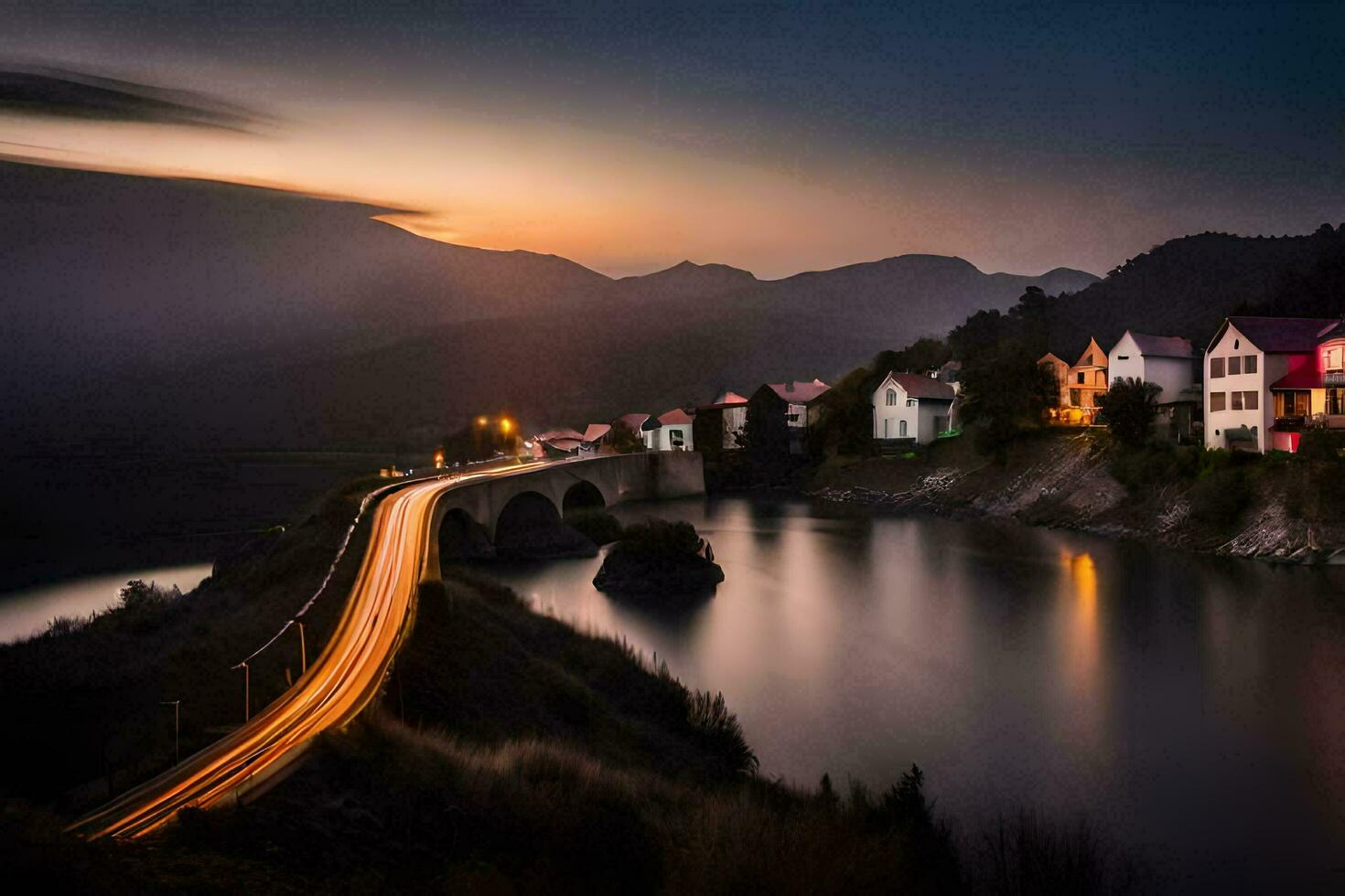 a bridge over a river at dusk with houses on the hillside. AI-Generated photo