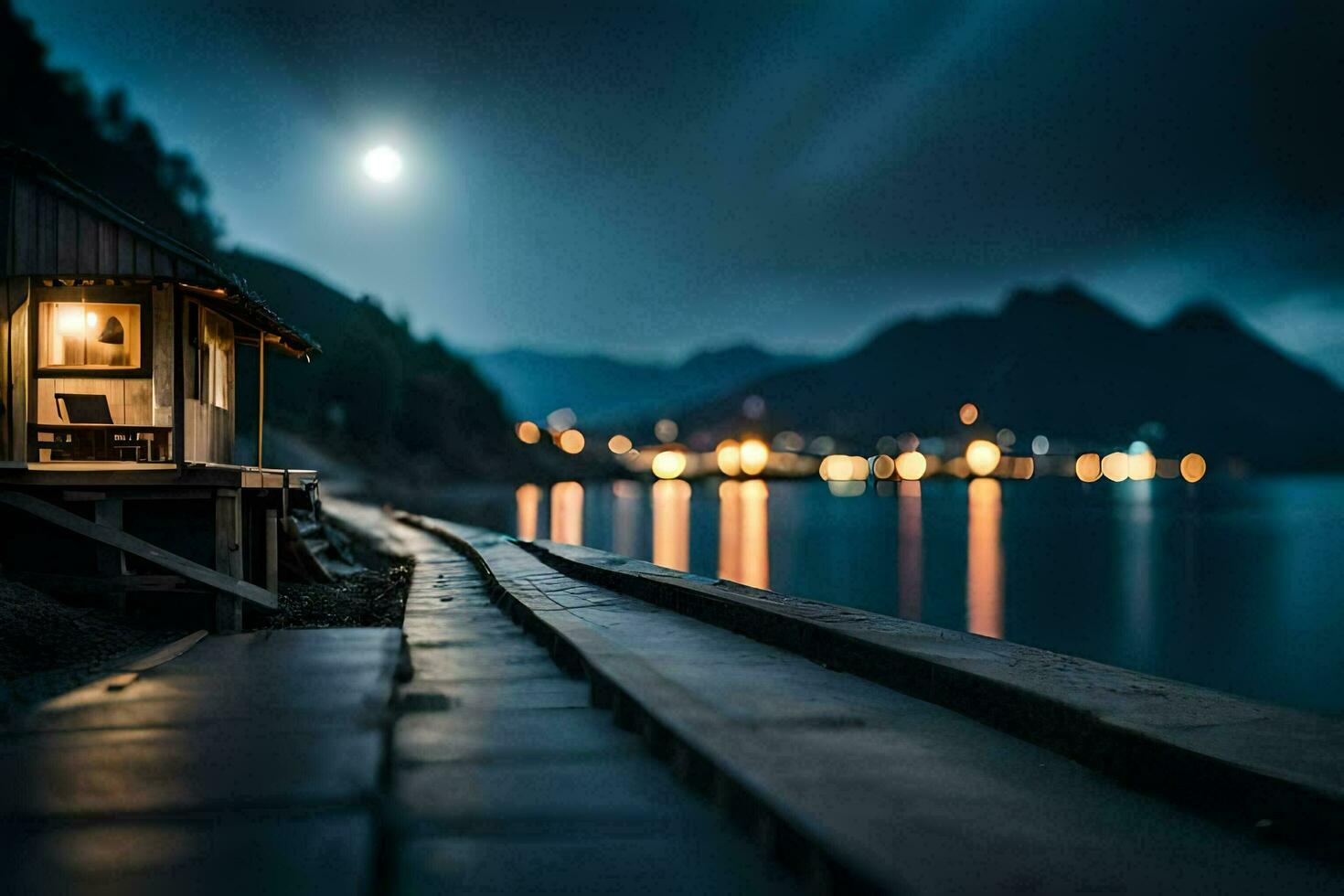 foto fondo de pantalla el luna, noche, el mar, el lago, el montañas, el casa,. generado por ai