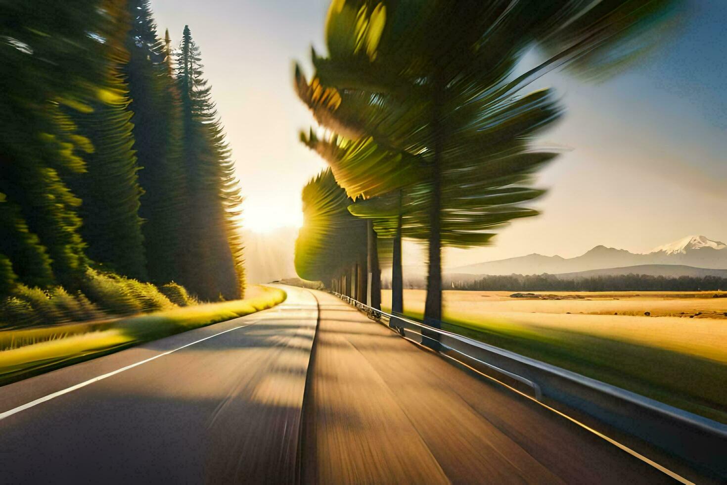 a road with trees and mountains in the background. AI-Generated photo
