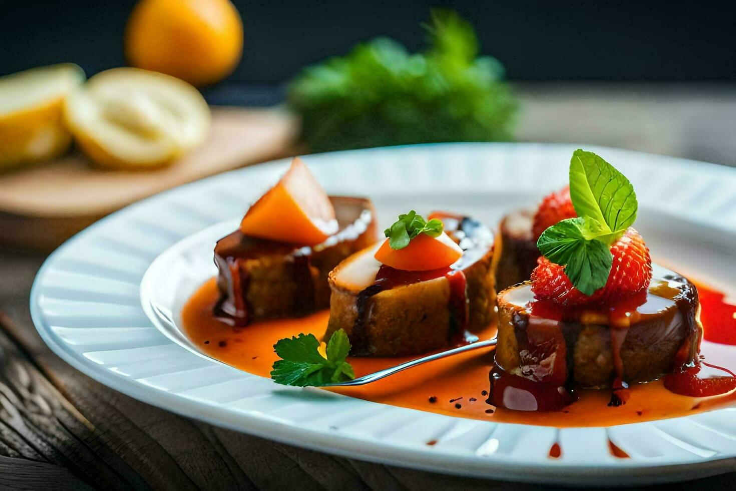 three pieces of meat on a plate with sauce. AI-Generated photo