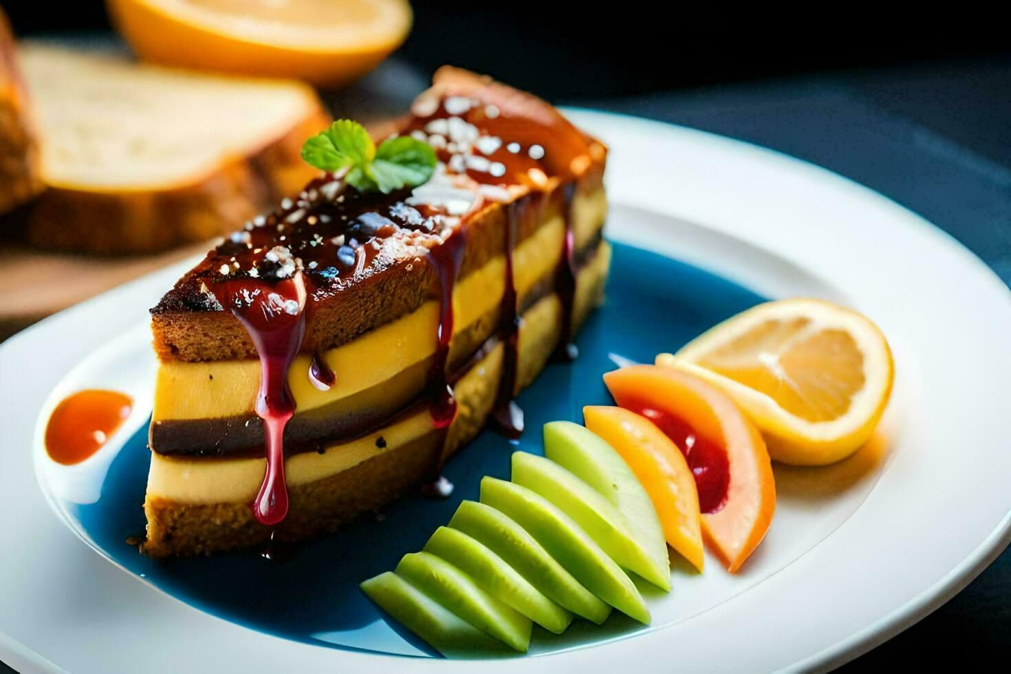 a slice of cake on a plate with fruit. AI-Generated photo