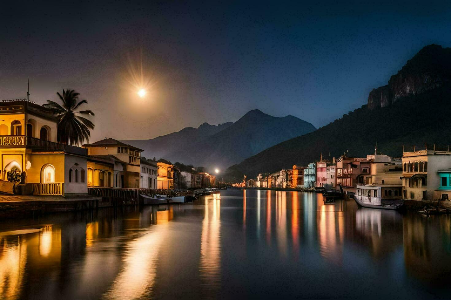 the moon rises over the town of person, italy. AI-Generated photo