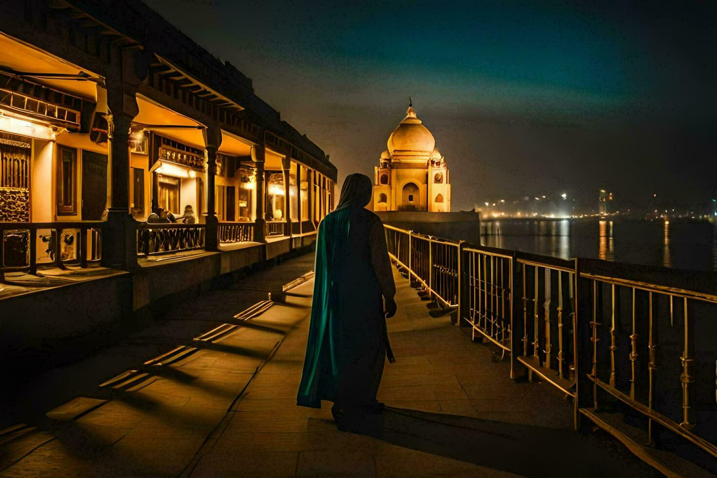 a man in a blue robe walks along a walkway at night. AI-Generated photo