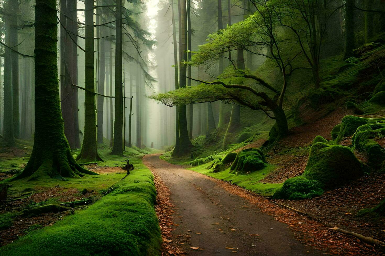 a path through a green forest with trees and moss. AI-Generated photo