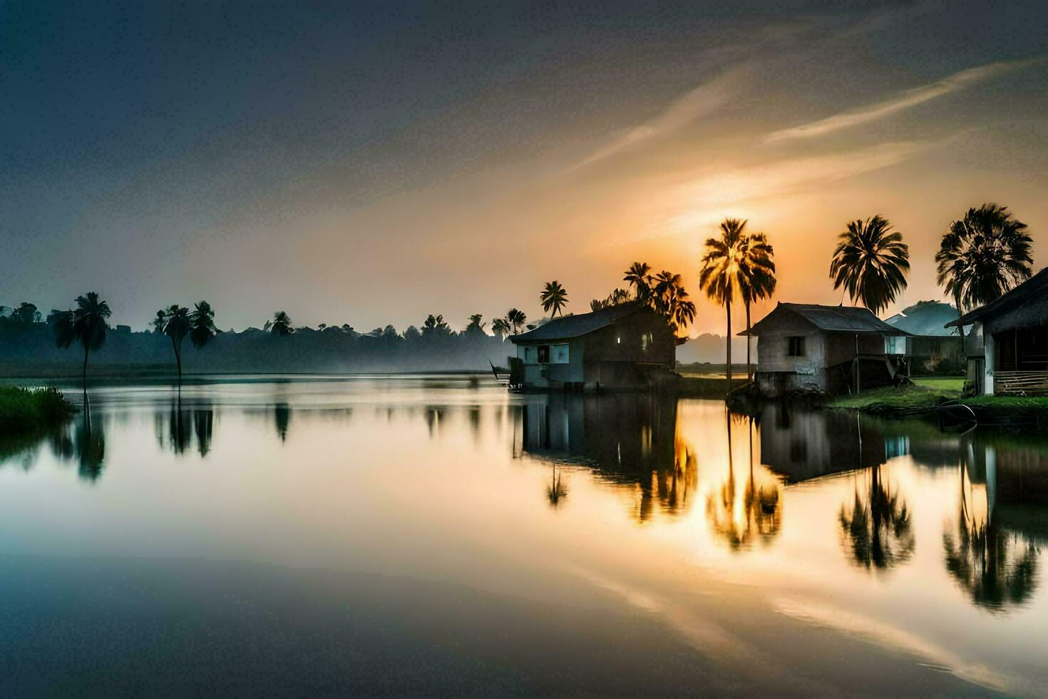 the sun rises over a lake with palm trees. AI-Generated photo