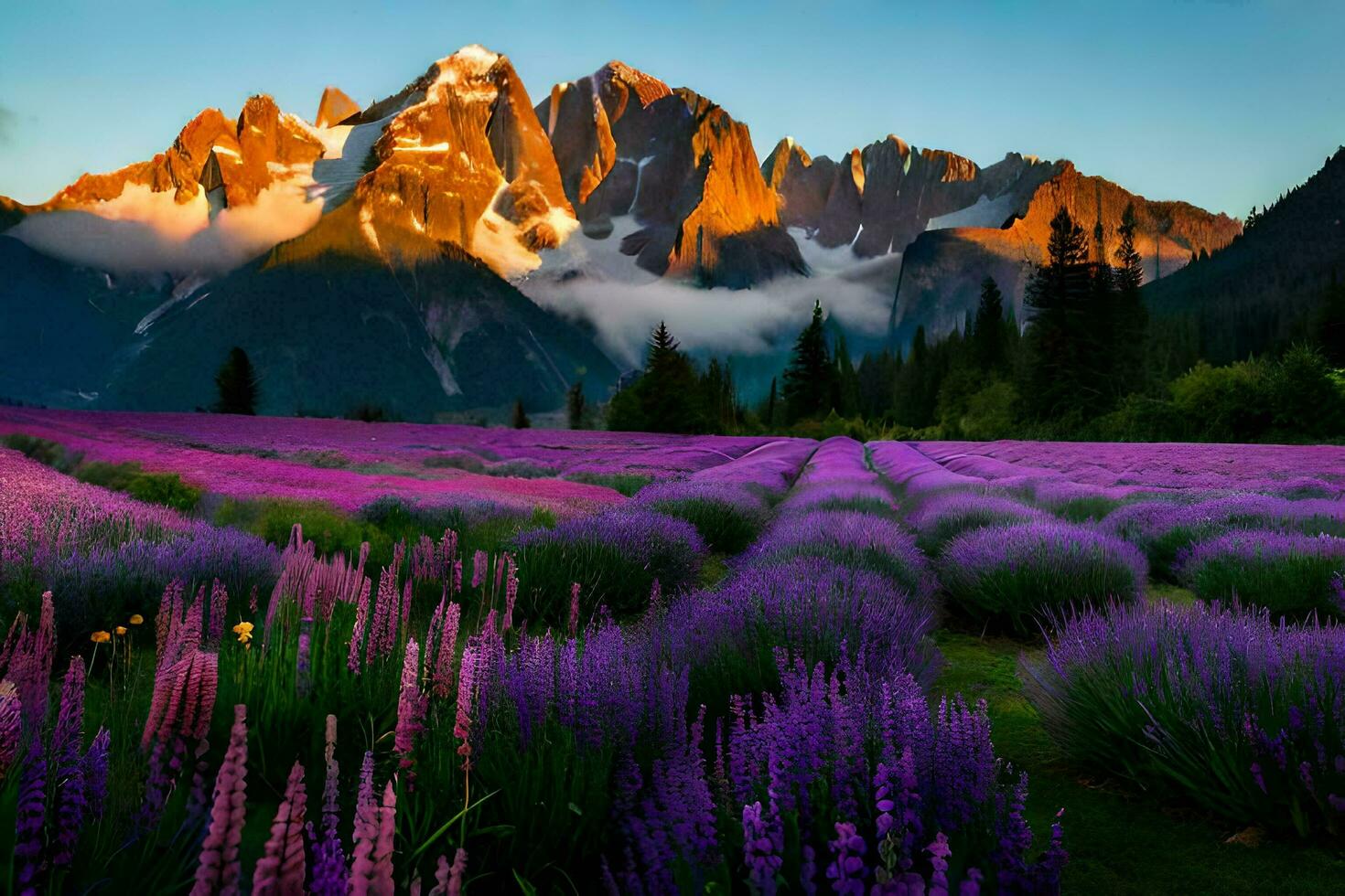 the lavender field in front of the mountains. AI-Generated photo