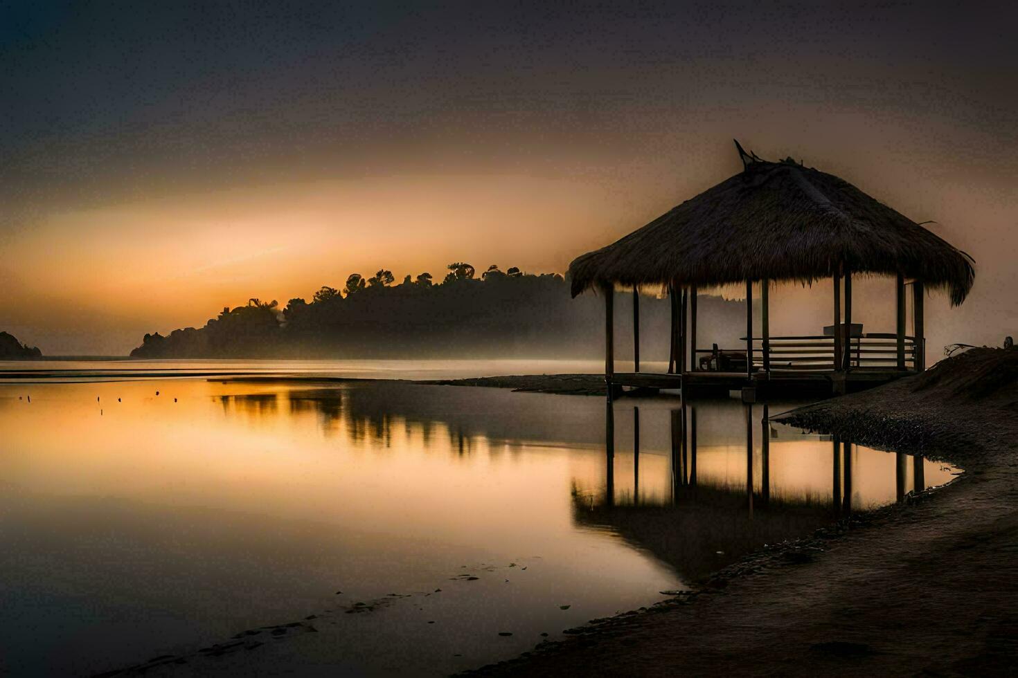 the sun rises over the water and the fog is reflected in the water. AI-Generated photo