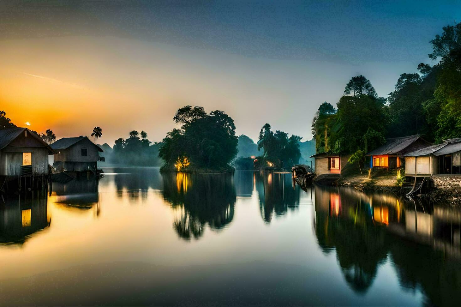 a river at sunset with houses on the shore. AI-Generated photo