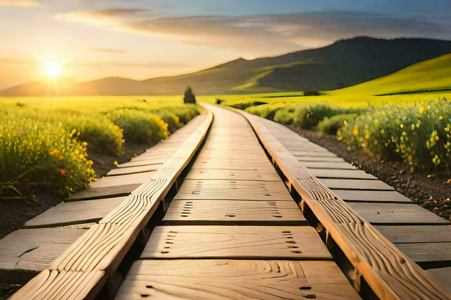 a wooden railroad track in the middle of a field. AI-Generated photo