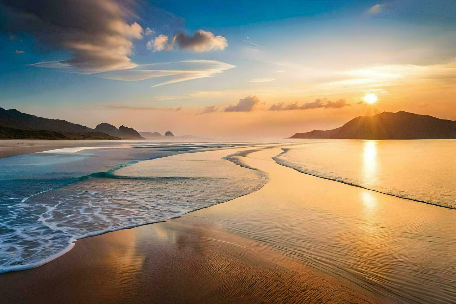 el Dom conjuntos terminado un playa y montañas. generado por ai foto