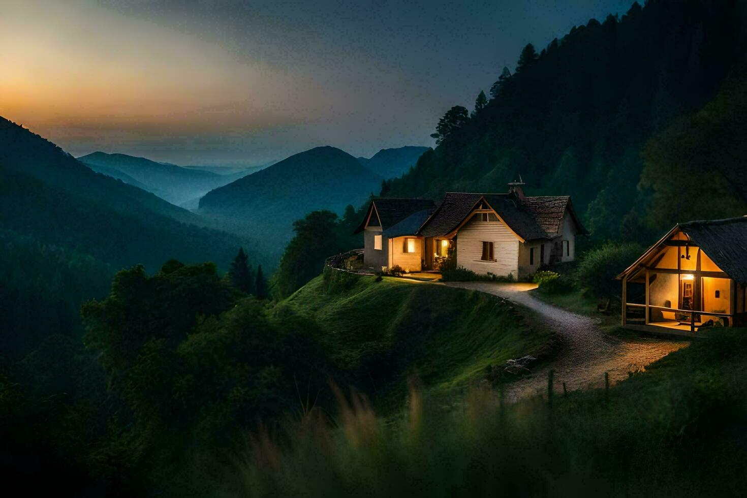 two houses on a hillside at sunset. AI-Generated photo