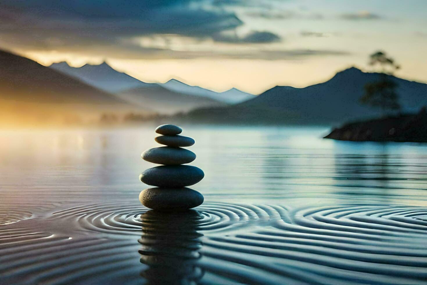 stacked stones in the water at sunset. AI-Generated photo