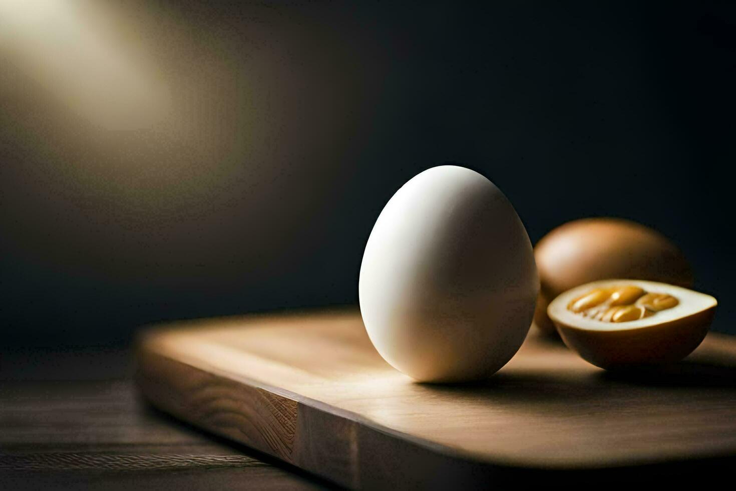 eggs and a half of a boiled egg on a cutting board. AI-Generated photo