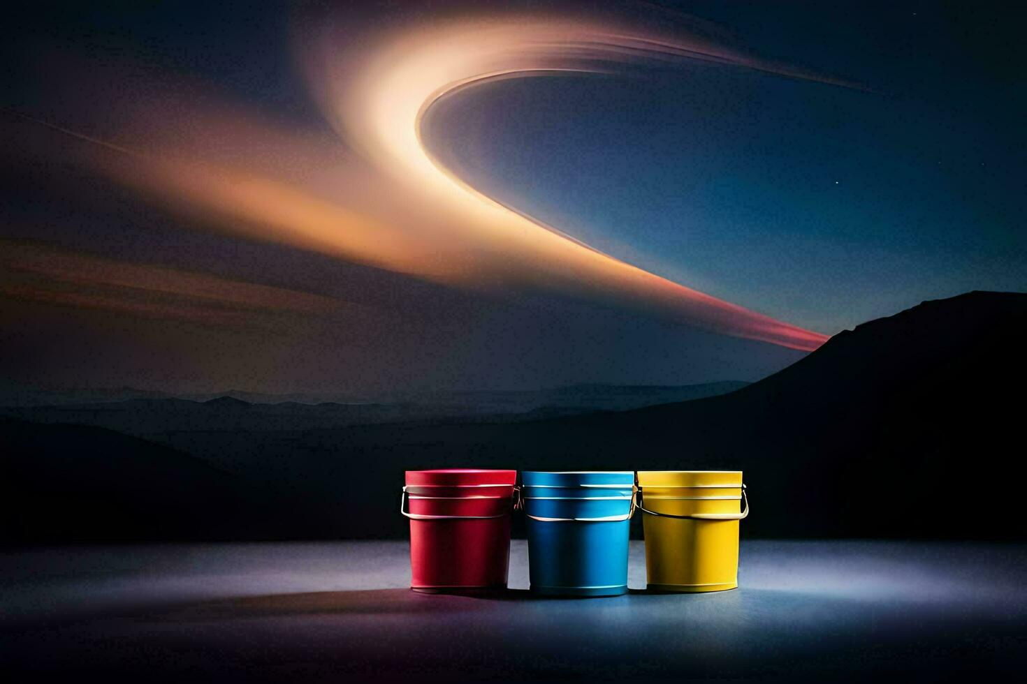 three buckets of paint on a table with a bright light. AI-Generated photo