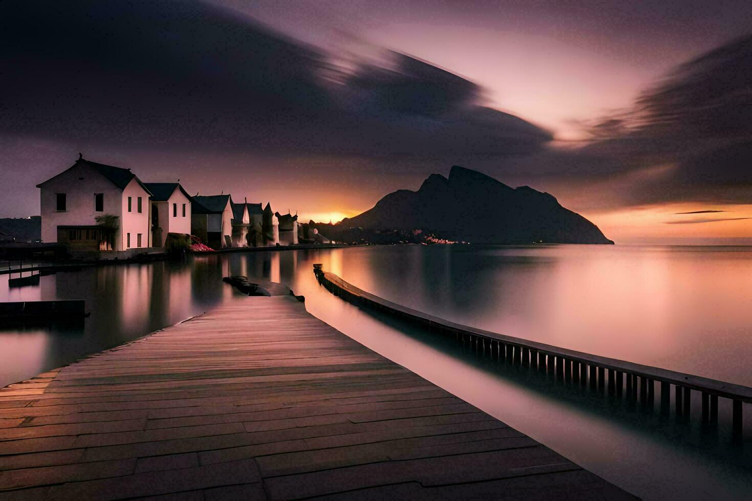 un largo exposición fotografía de un muelle y casas en el agua. generado por ai foto