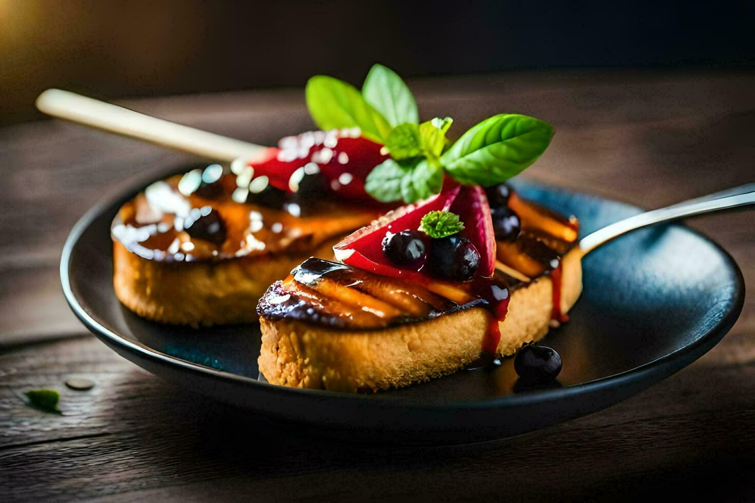 a plate with two slices of bread with berries and mint. AI-Generated photo