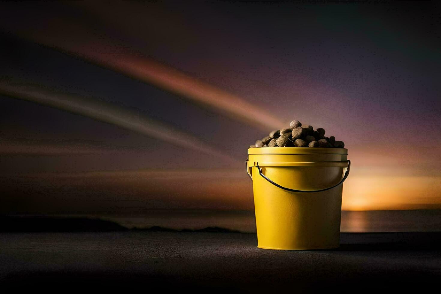 a bucket of sand on a beach at sunset. AI-Generated photo