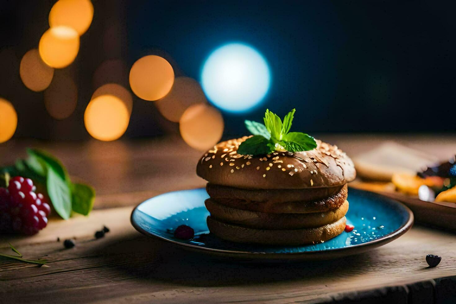 a hamburger on a plate with berries and cheese. AI-Generated photo