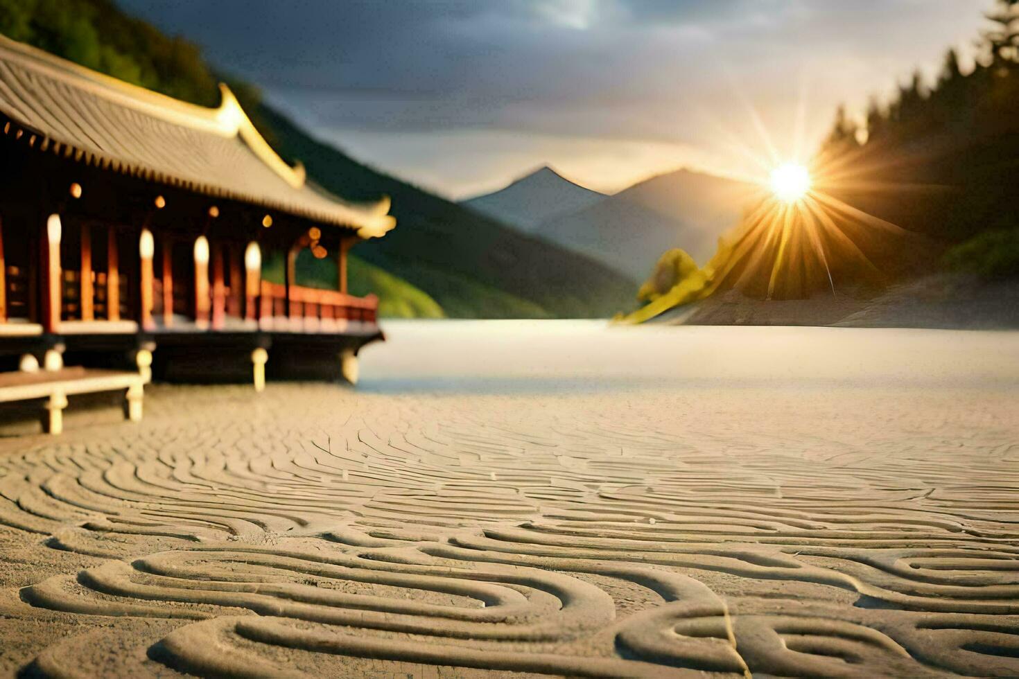 a sand path in front of a building with mountains in the background. AI-Generated photo