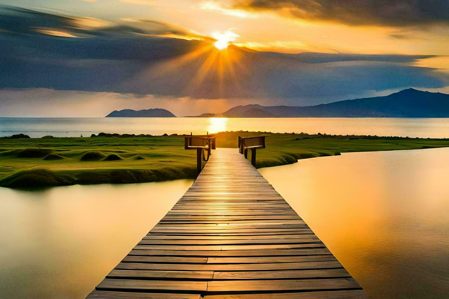 un de madera puente terminado agua con el Dom brillante. generado por ai foto