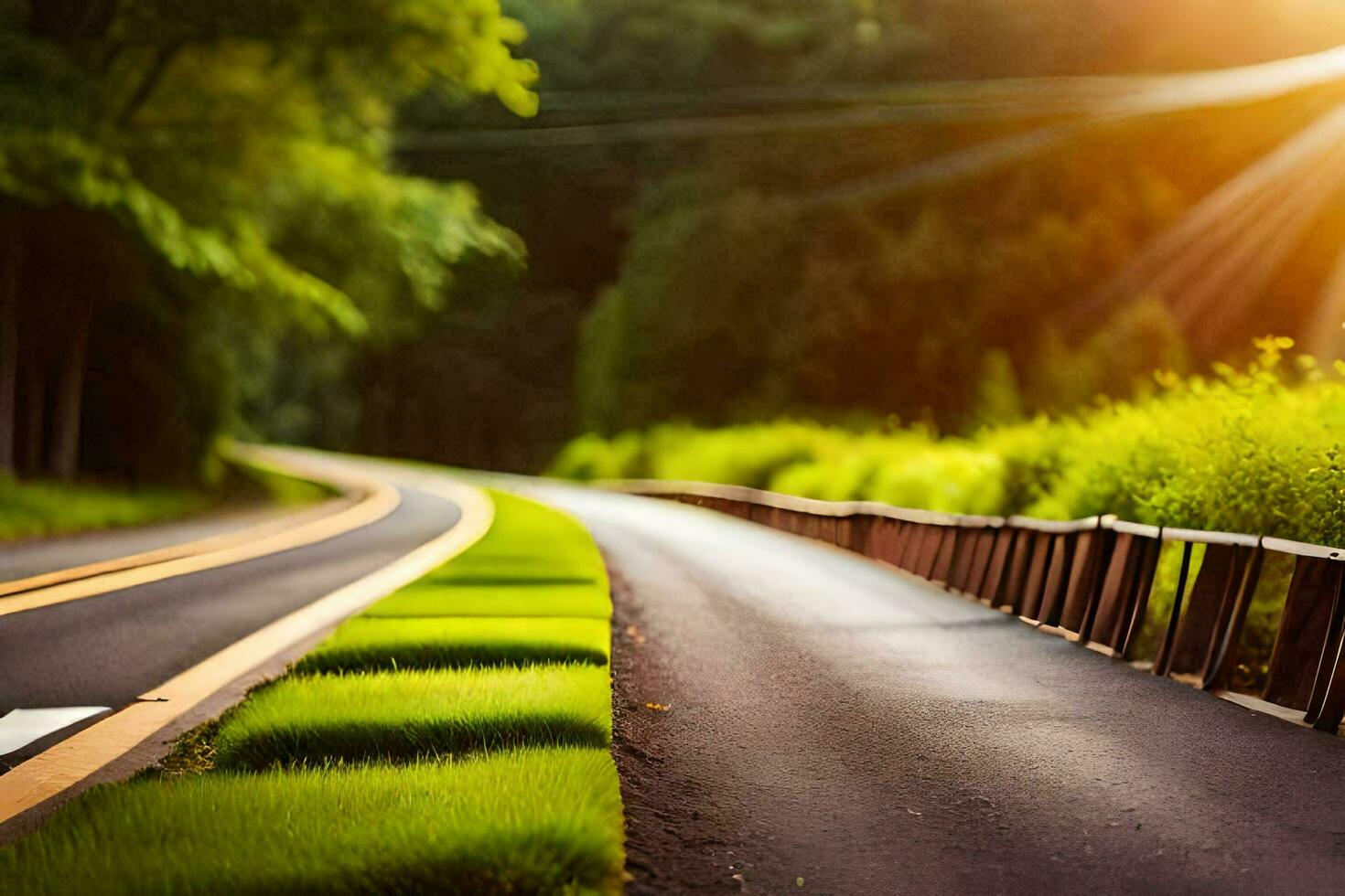 a road with a grassy field and trees in the background. AI-Generated photo