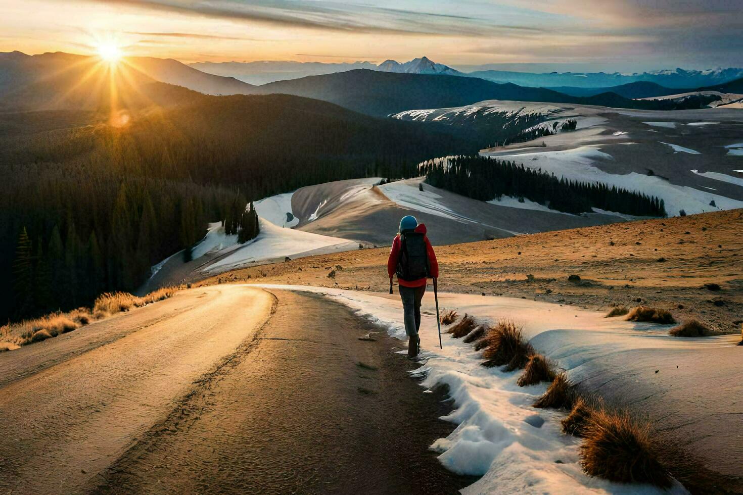a person walking on a road in the mountains at sunset. AI-Generated photo