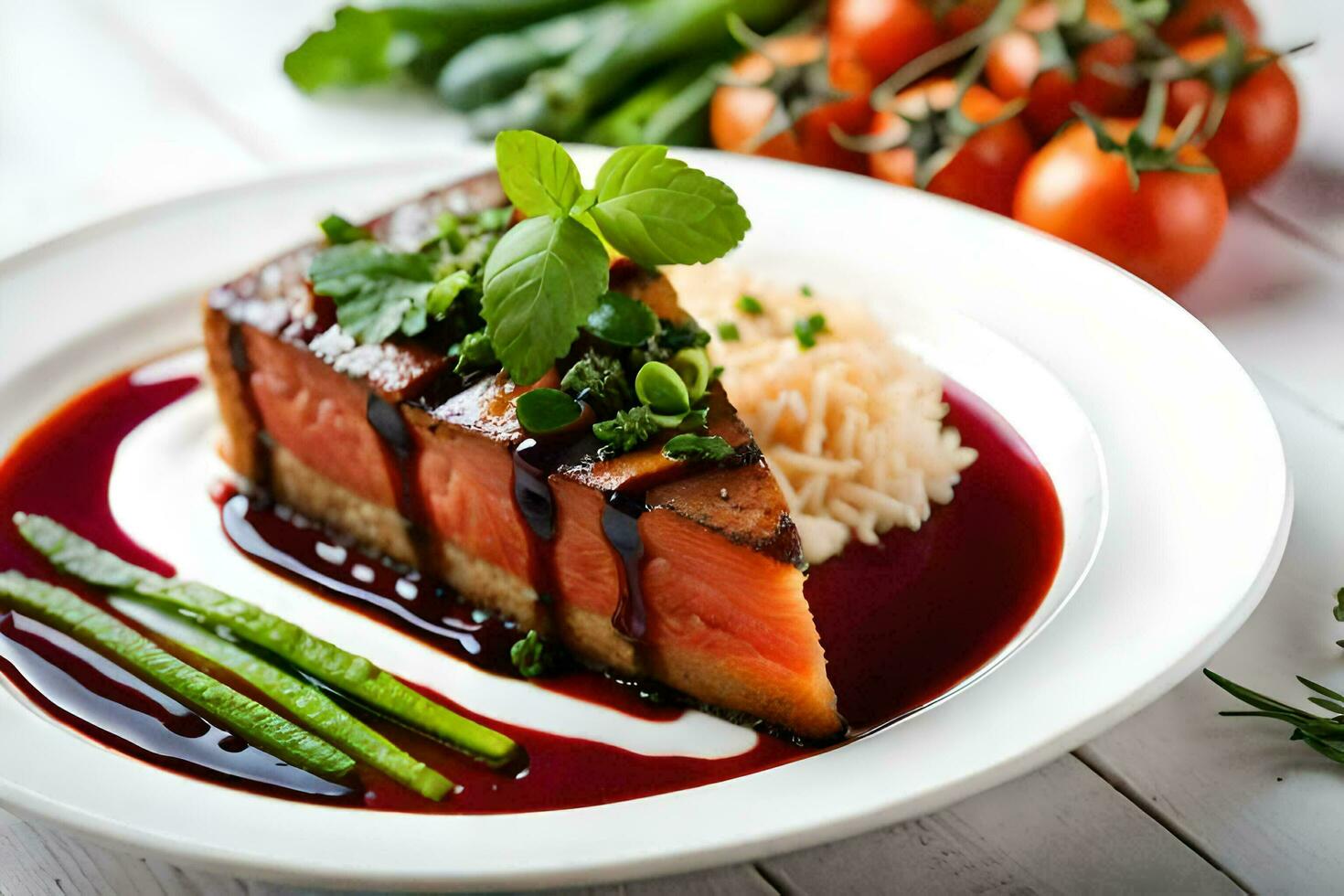 a piece of salmon on a plate with sauce. AI-Generated photo